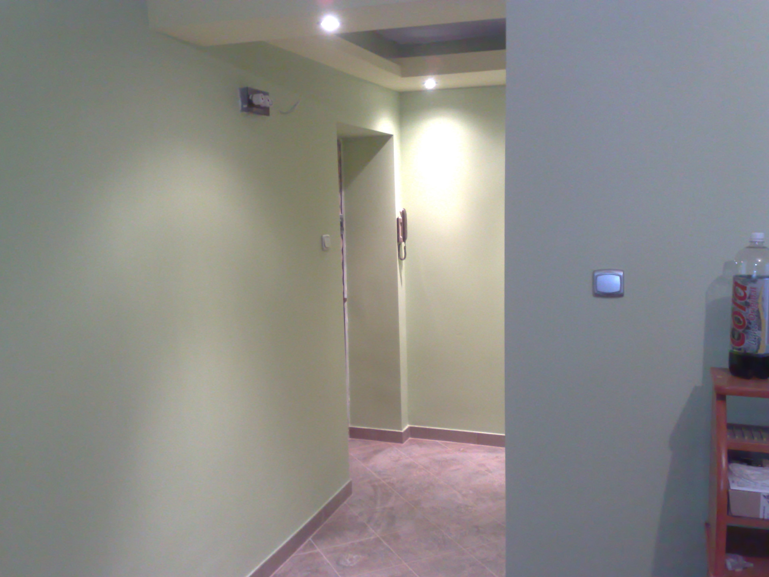 Wnętrze mieszkania po malowaniu ścian na odcień zieleni, widoczny fragment korytarza z brązowymi płytkami podłogowymi i stojąca na regale butelka napoju.